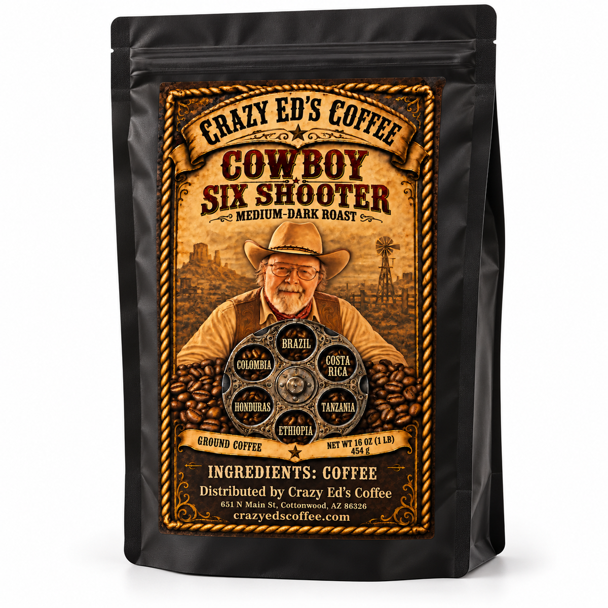 Crazy Ed’s Cowboy Six Shooter medium-dark roast coffee in a black 16 oz (1 lb) bag