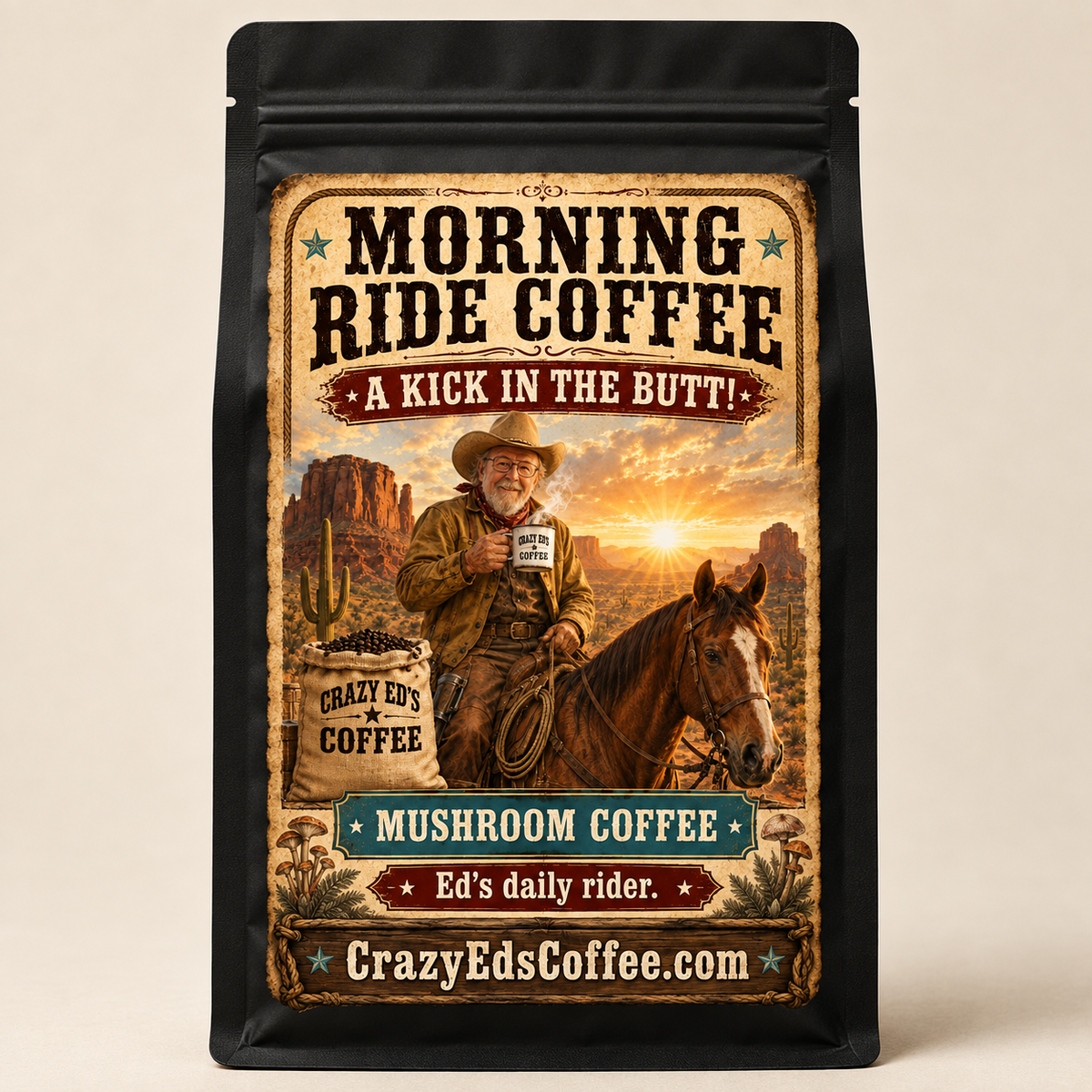 Morning Ride Mushroom Coffee bag — packaging mockup