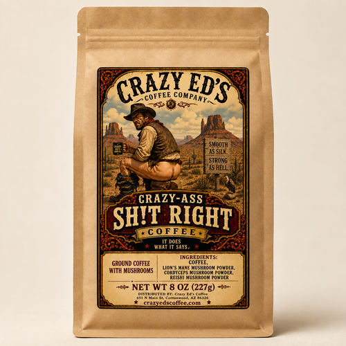 Crazy Ed’s Shitright Coffee bag — packaging mockup